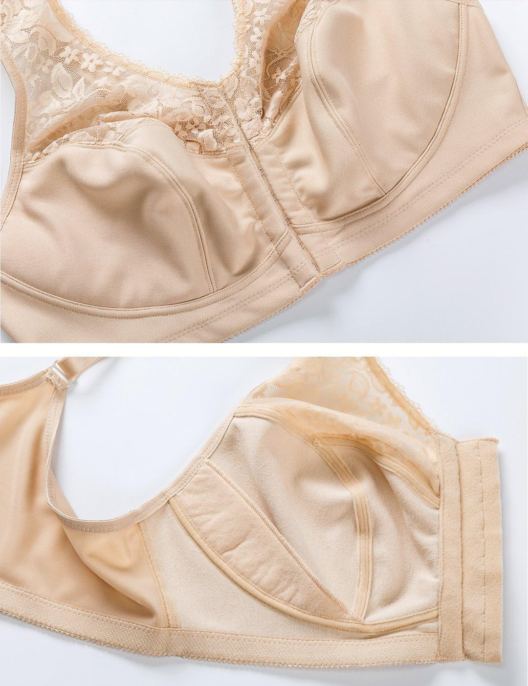 DELIMIRA Damen Vorderverschluss BH ohne Bügel Grosse Grössen mit Spitze Racerback 75C Beige, 75D
