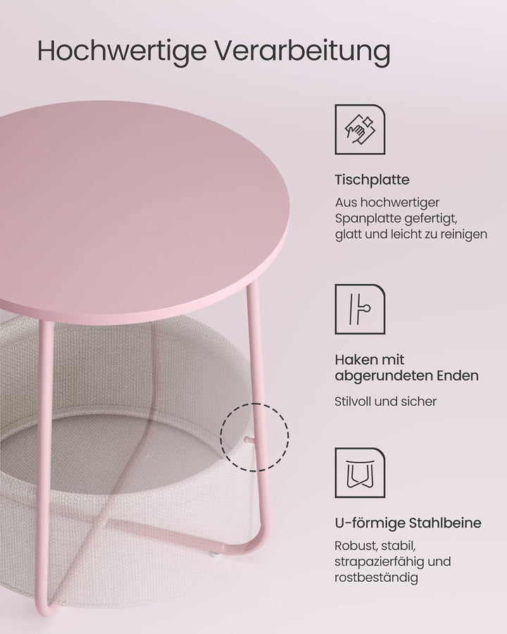 VASAGLE Beistelltisch rund, Kleiner Tisch, Couchtisch klein, Wohnzimmertisch mit Korb aus Stoff, Sta