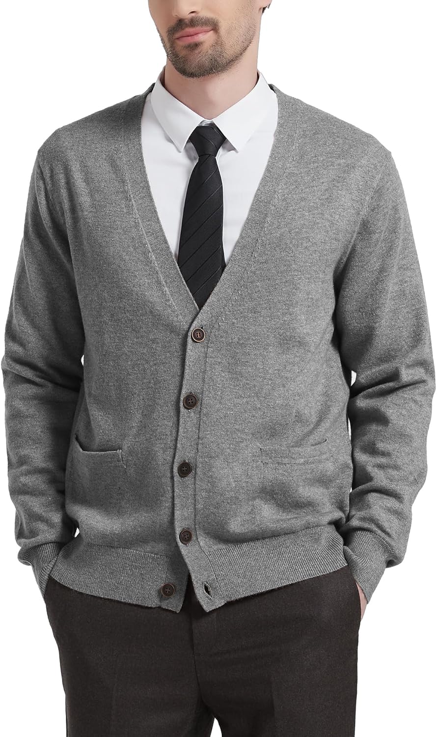 Kallspin Herren Strickjacke aus Wollmischung V-Ausschnitt Cardigan mit Knopfverschluss und Taschen H