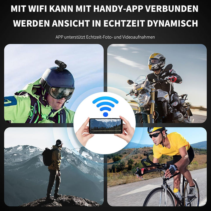 Tiantianle Action Cam,Helmkamera Fahrrad WiFi,Action Cam Motorrad,Wasserdicht Sport Kamera,1080P HD