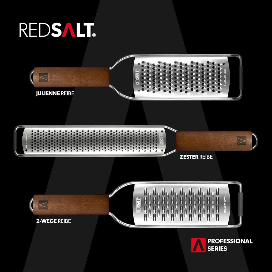 REDSALT® Premium 2-Wege Reibe mit Holzgriff | rasiermesserscharfe Profi Edelstahl Reibe für feine Ge
