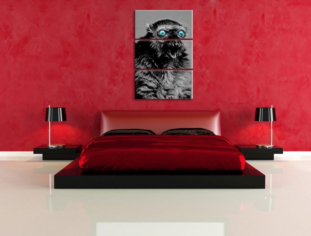 aufmerksamer seltener Blauaugenmaki schwarz/weiss Deluxe 3-Teiler Leinwandbild 120x80 Bild auf Leinw