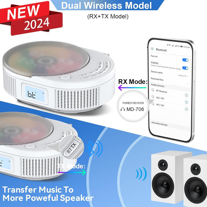 MONODEAL NEU 2024 CD Player Tragbar, CD Player Bluetooth & Radio FM 2 in 1, Wiederaufladbar Tragbare