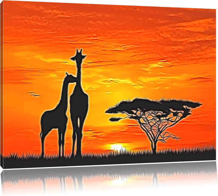 Giraffen im Sonnenuntergang Deluxe Format: 100x70 cm auf Leinwand, XXL riesige Bilder fertig gerahmt