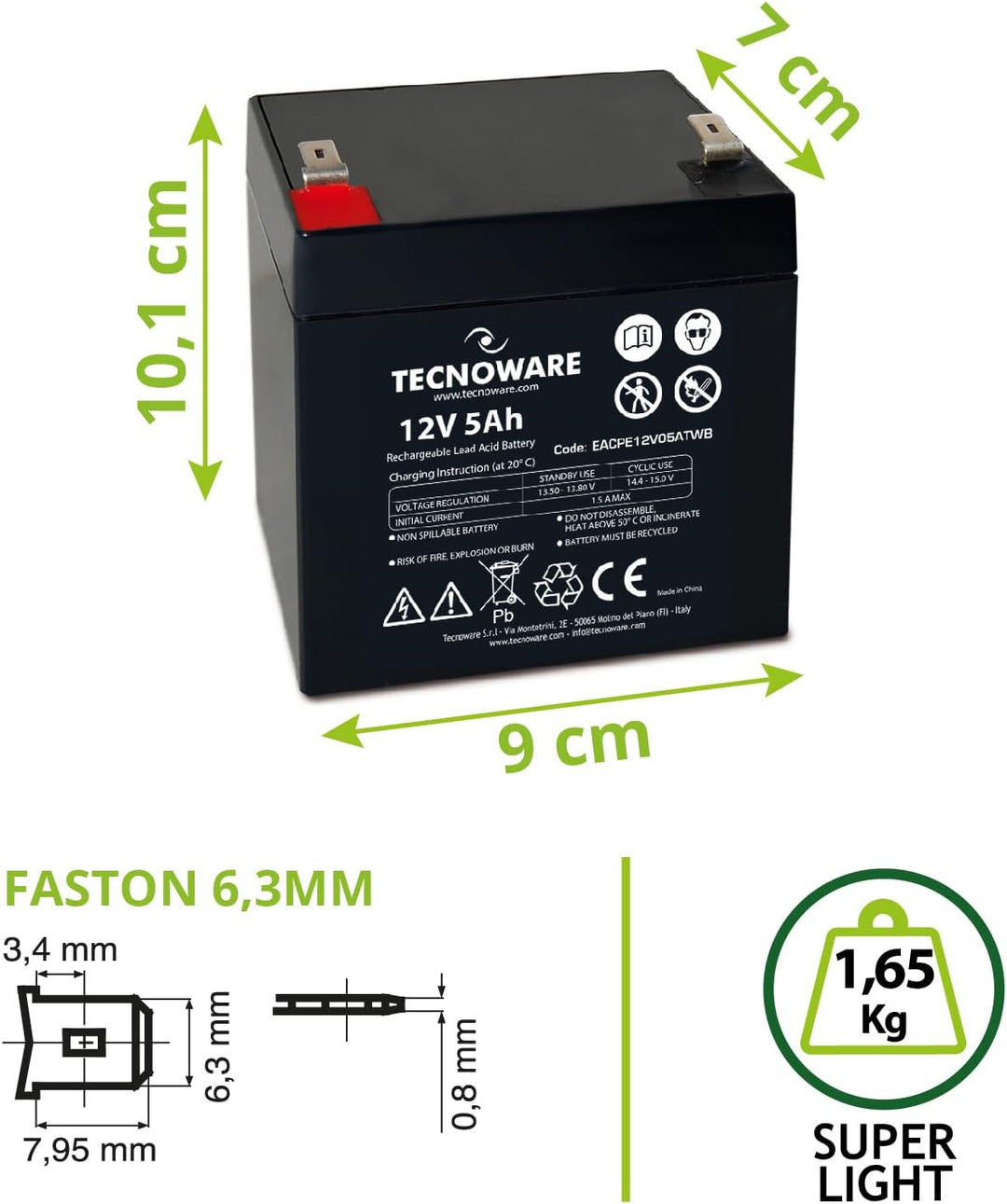 Tecnoware Power Systems - Ersatzbatterie für USV, Videoüberwachung und Alarmsysteme, 12V 5Ah Kapazit