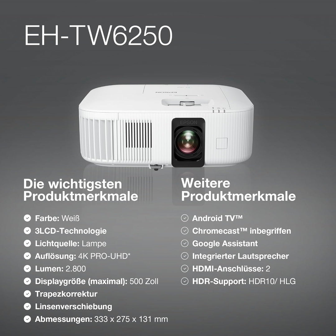 Epson EH-TW6250 3LCD-Projektor (PRO-UHD 4K 16:9, 2.800 Lumen Weiss- und Farbhelligkeit, Kontrast 35.