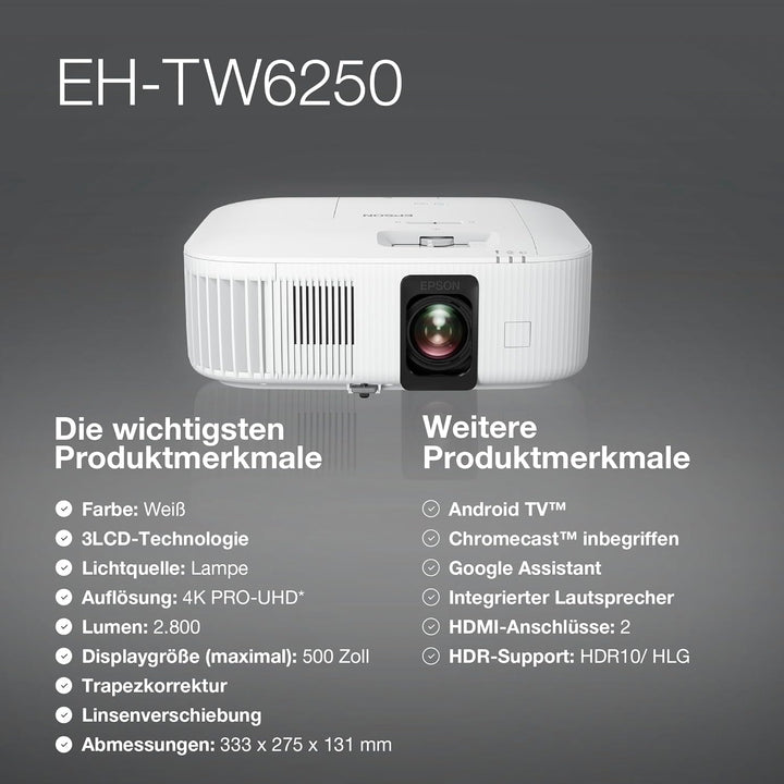 Epson EH-TW6250 3LCD-Projektor (PRO-UHD 4K 16:9, 2.800 Lumen Weiss- und Farbhelligkeit, Kontrast 35.