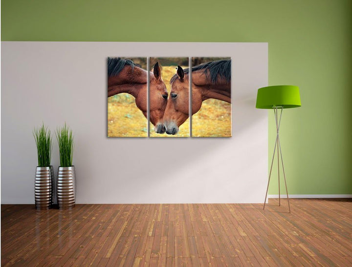 Pixxprint Zwei schmusende Pferde als Leinwandbild/Grösse: 3 Teilig (120x80 cm) cm/Wandbild/Kunstdruc