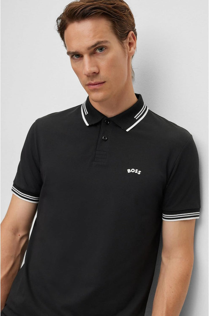 BOSS Herren Paul Curved Slim-Fit Poloshirt aus Stretch-Baumwolle mit geschwungenem Logo Schwarz S