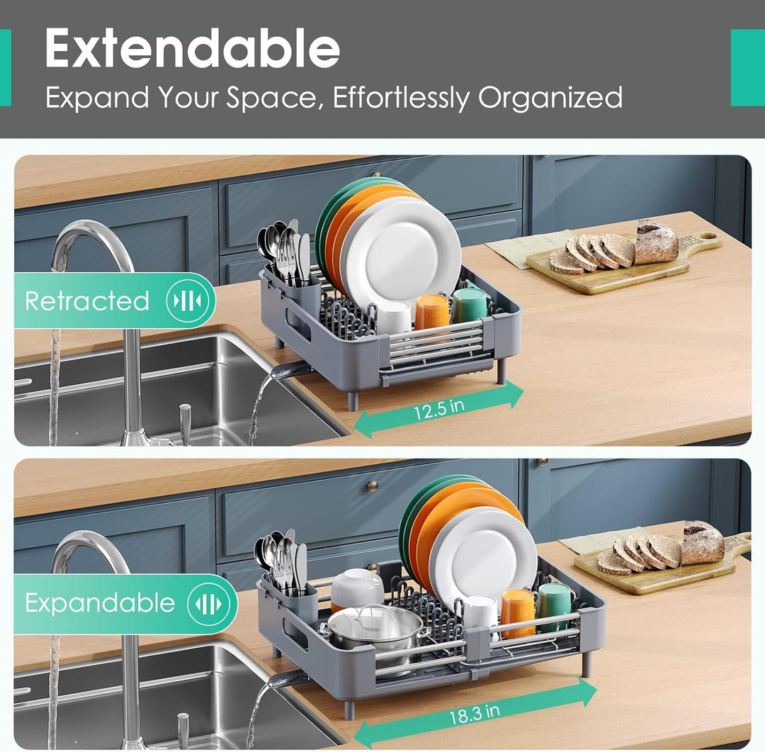 Kingrack Erweiterbares Abtropfgestell, Faltbares Edelstahl Geschirrabtropfgestell mit Abnehmbarem Be