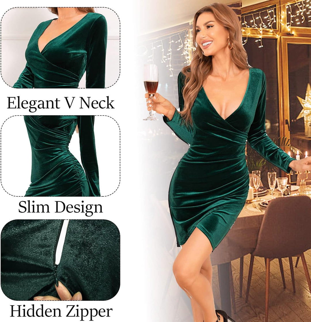 CheChury Damen Winterkleid Festlich Kleid Samtkleid Lange Ärmel Wickelkleid Bodycon Kurzes V Ausschn