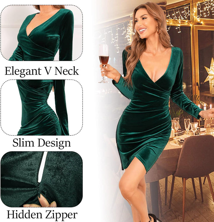CheChury Damen Winterkleid Festlich Kleid Samtkleid Lange Ärmel Wickelkleid Bodycon Kurzes V Ausschn