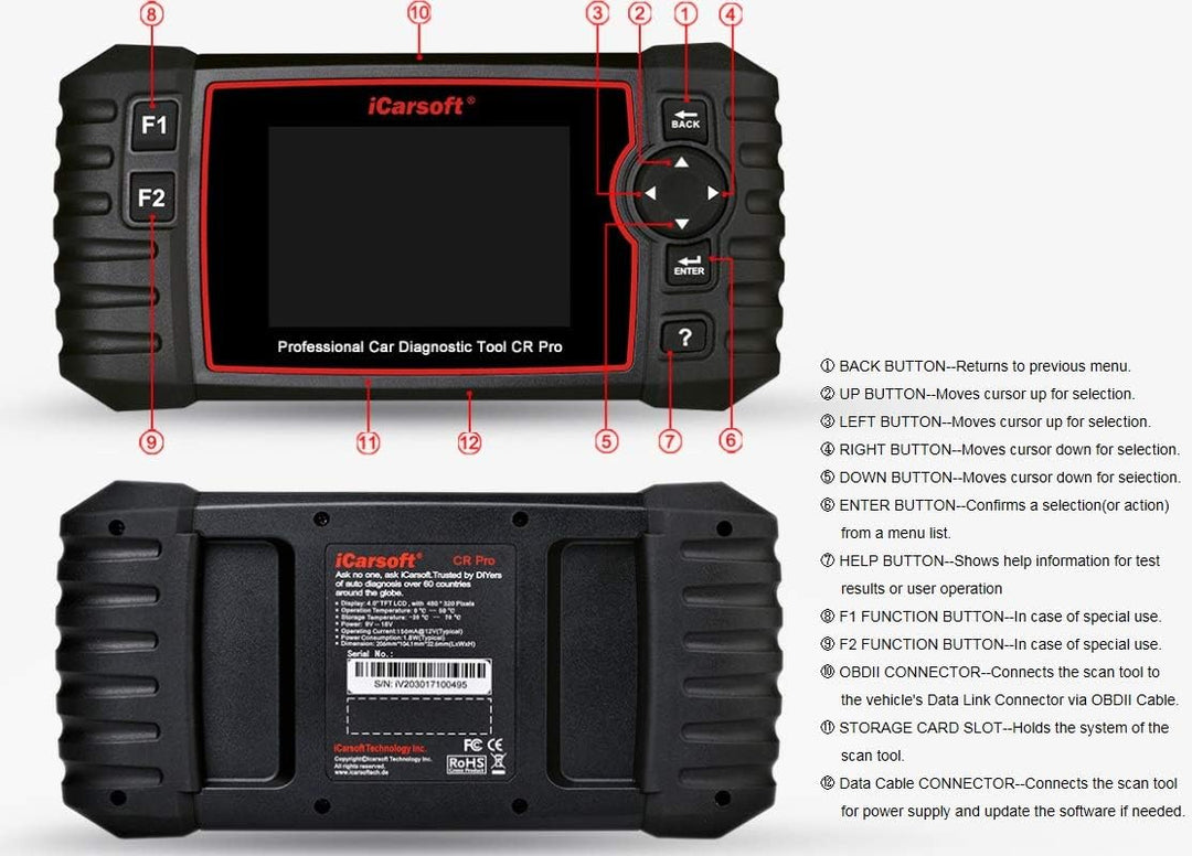 iCarsoft CR Pro Professional Multi-System Multi-Brand KFZ Diagnosegerät Scanner inkl. Batterietester