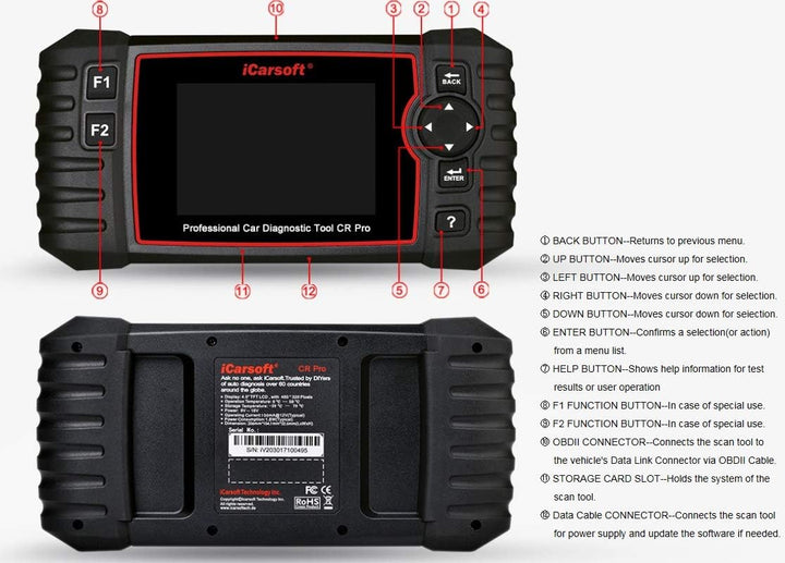 iCarsoft CR Pro Professional Multi-System Multi-Brand KFZ Diagnosegerät Scanner inkl. Batterietester