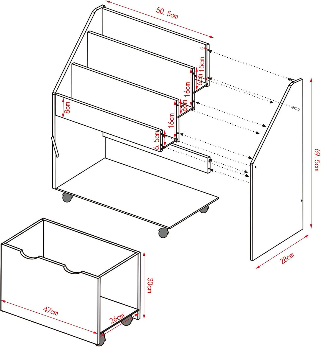 WOLTU KR004 Kinderregal Bücherregal Regal für Kinder, Spielzeugregal 3 Regale Aufbewahrungstruhe mit