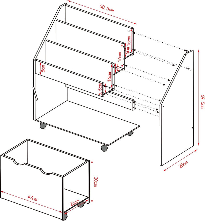 WOLTU KR004 Kinderregal Bücherregal Regal für Kinder, Spielzeugregal 3 Regale Aufbewahrungstruhe mit