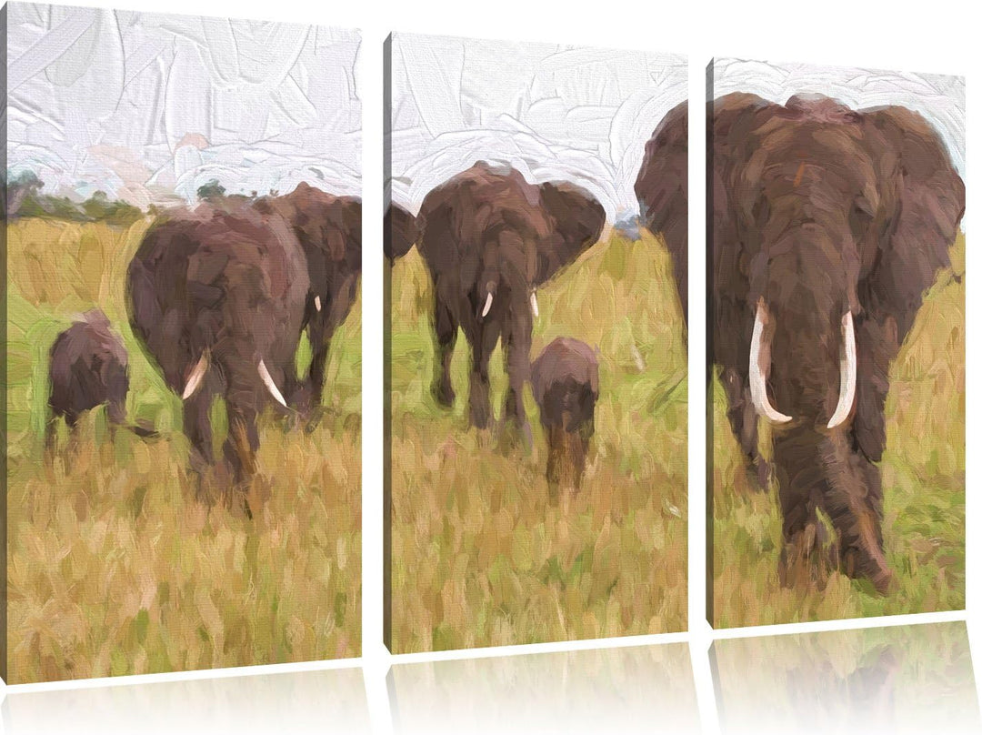 grosse wandernde Elefantenhorde NewArt 3-Teiler Leinwandbild 120x80 Bild auf Leinwand, XXL riesige B