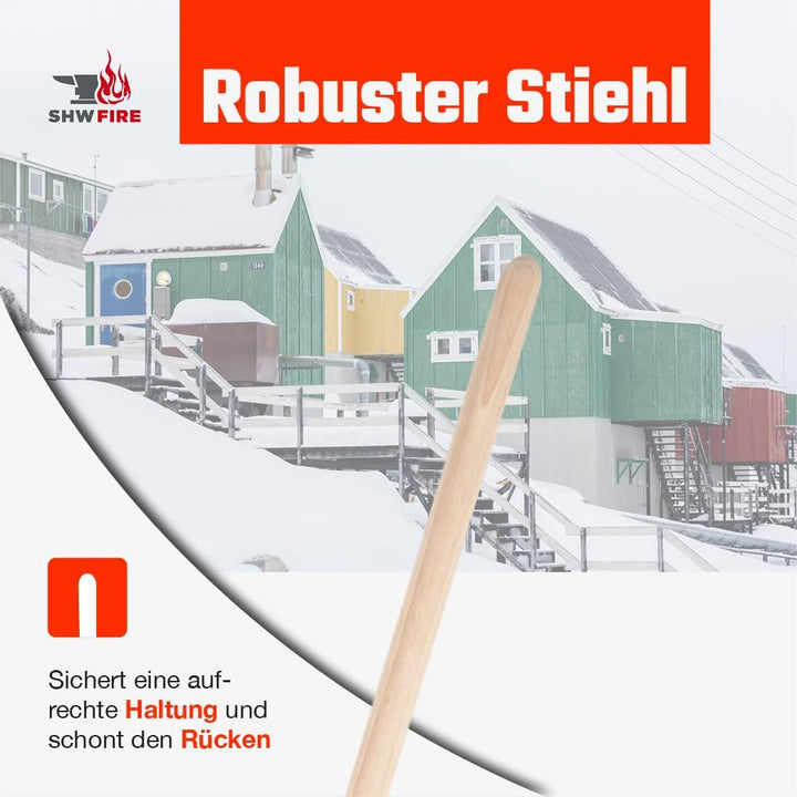 SHW-FIRE Schneeschieber 50cm Breite - Holz Schneeschaufel mit 150cm Ovalstiel und Schutzkante