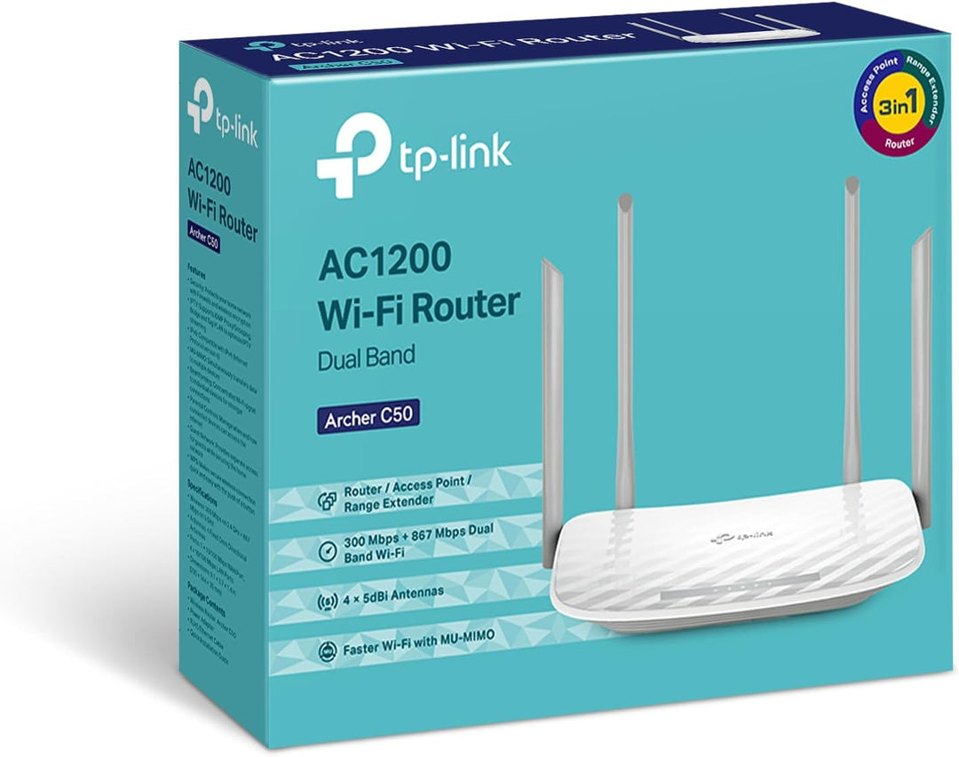 TP-Link Archer C50 Dualband WLAN Router (300 Mbit/s (2,4GHz + 867Mbit/s (5GHz), 1200Mbps, Print/Medi