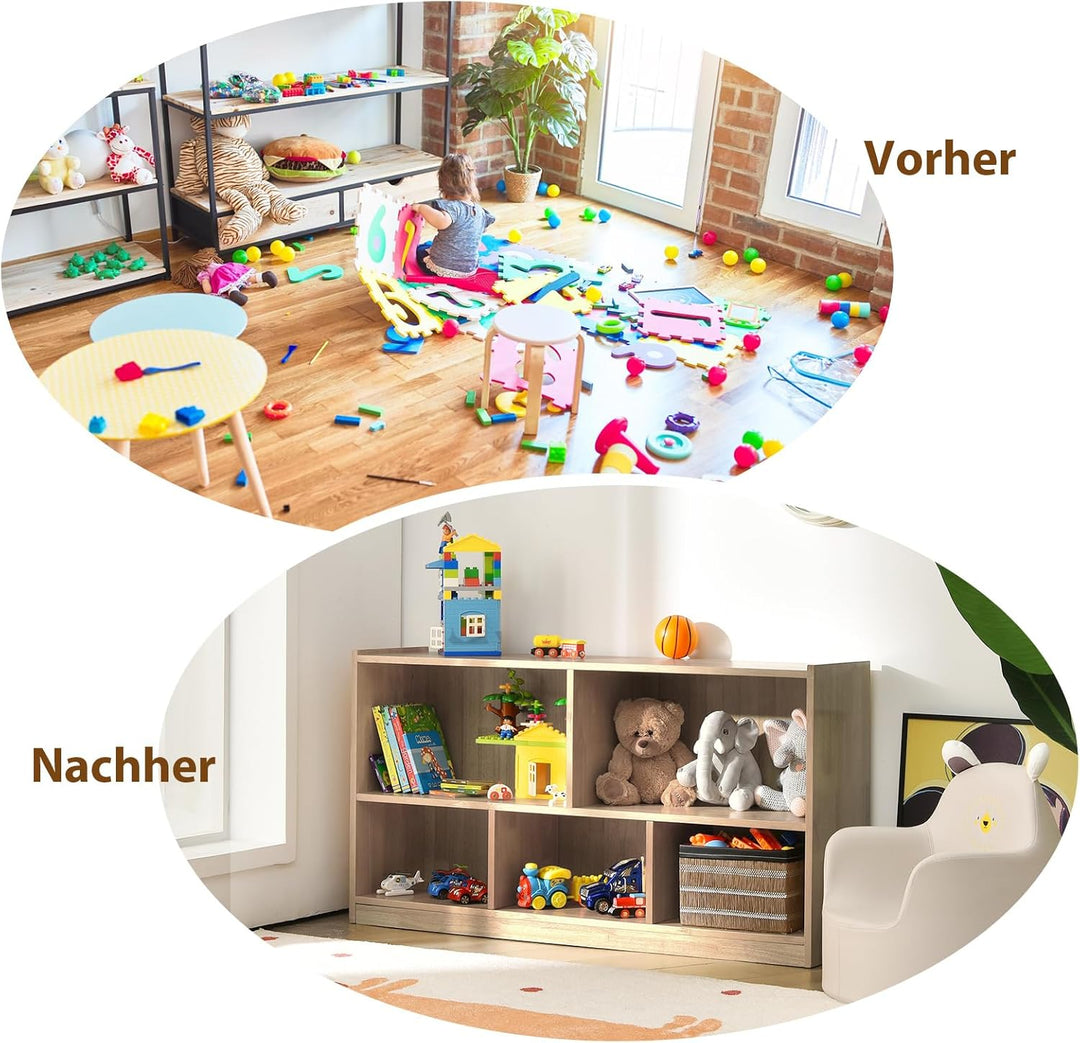 COSTWAY Kinder Spielzeugschrank Holz, Spielzeugregal mit 2 grossen FĂ€chern und 3 kleinen FĂ€chern, of