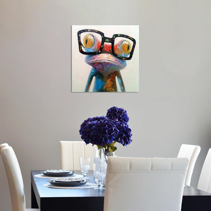 Fokenzary handgemaltes Ölgemälde auf Leinwand niedlicher Frosch mit Brille fertig gespannt und gerah