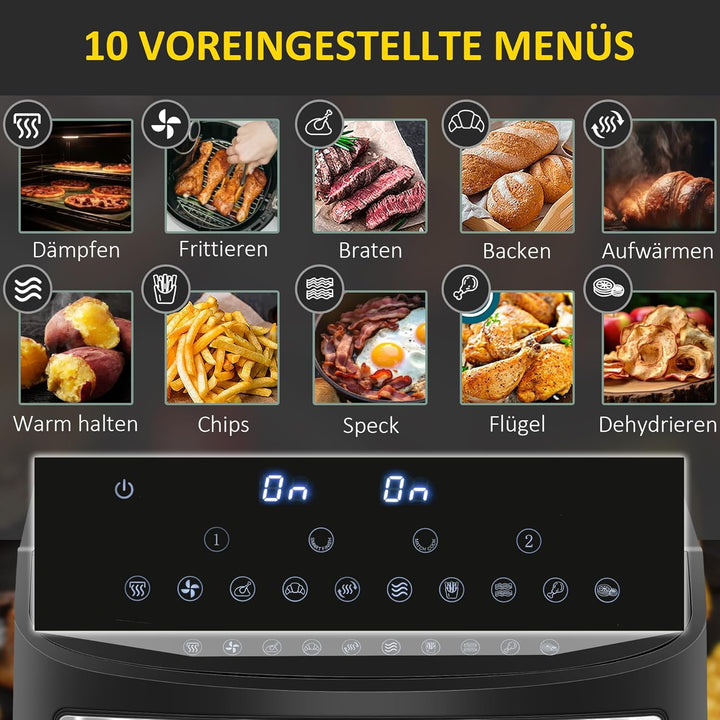 HOMCOM Heissluftfritteuse 8L Fritteuse mit Doppelkammer, Airfryer mit 10 Programmen, 2400 W Luftfrit