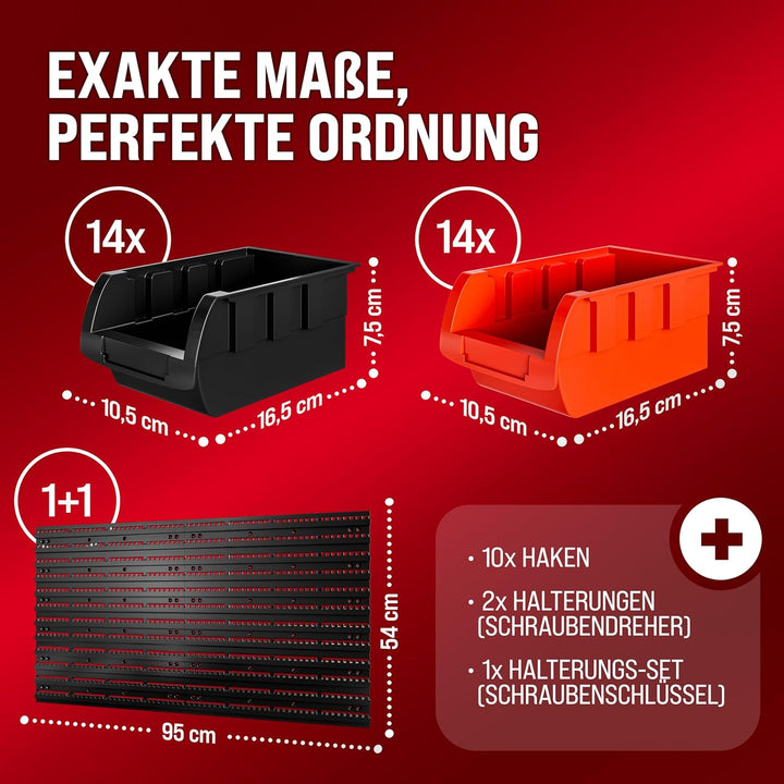 DEUBA® Wandregal mit Stapelboxen und Werkzeughalter 43 tlg Box Erweiterbar Werkstattregal Werkzeuglo