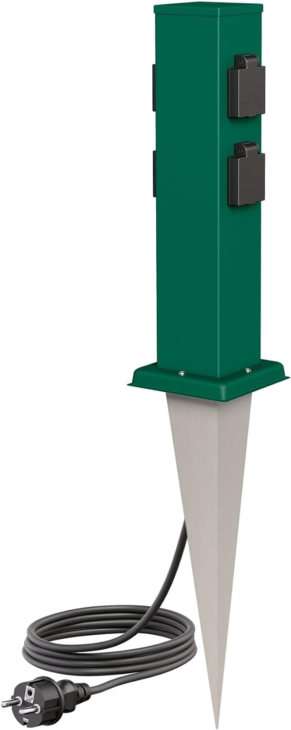 ledscom.de Garten-Steckdosen-Säule Polly mit Erdspiess und 2m Kabel für aussen, IP44, 4-Fach, grün,