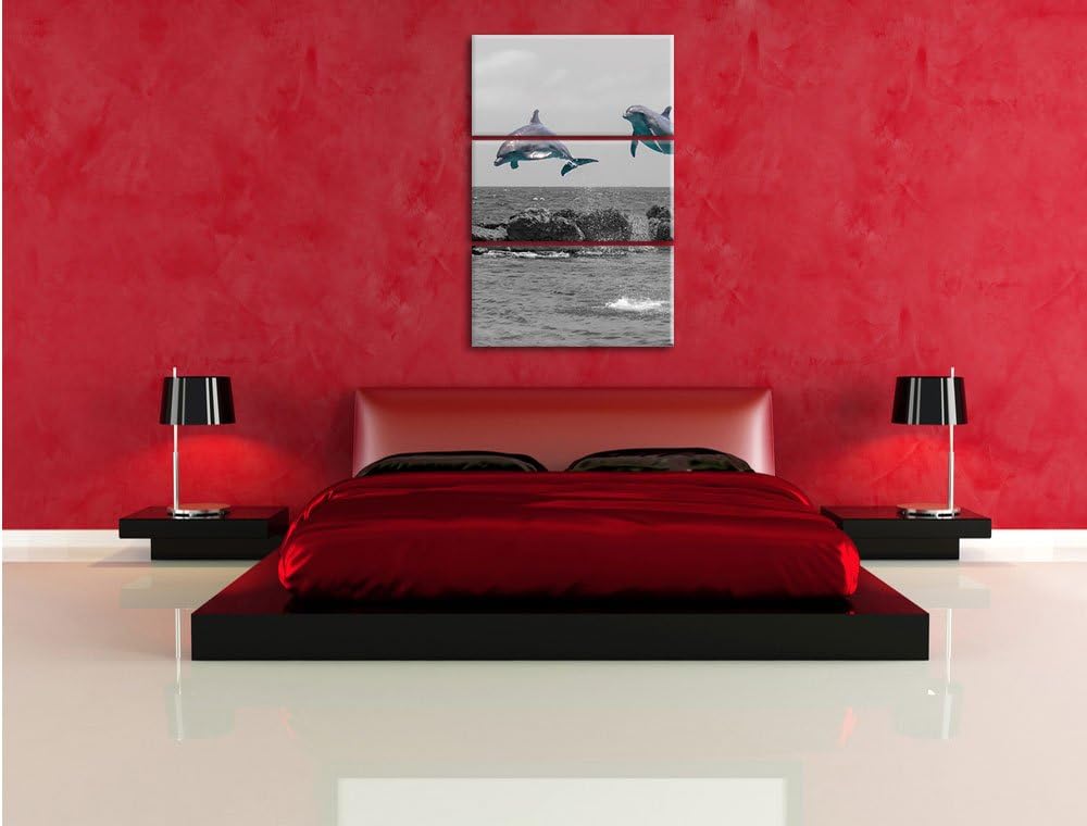 Pixxprint Zwei hoch springende Delphine als Leinwandbild/Grösse: 3 Teilig (120x80 cm) cm/Wandbild/Ku