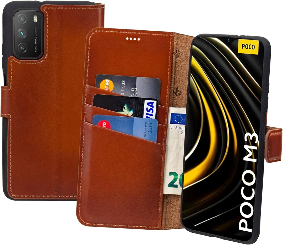 Suncase Book-Style Hülle kompatibel mit Xiaomi Poco M3 Leder Tasche (Slim-Fit) Lederhülle Handytasch