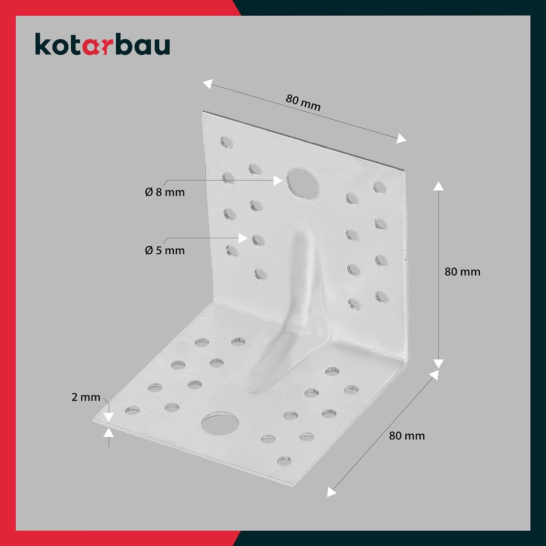 KOTARBAU® 25 Stk. Winkelverbinder 80x80x80 mm mit Rippe Sicke Lochwinkel Bauwinkel Holzverbinder Bal