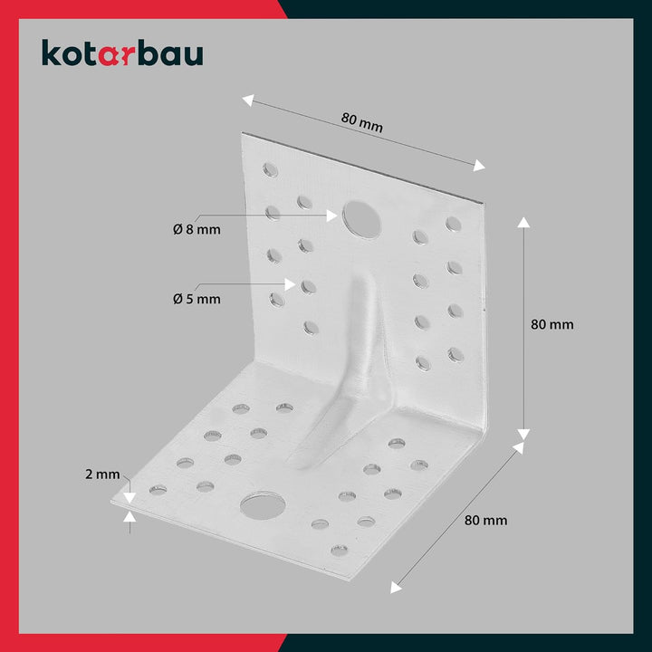 KOTARBAU® 25 Stk. Winkelverbinder 80x80x80 mm mit Rippe Sicke Lochwinkel Bauwinkel Holzverbinder Bal