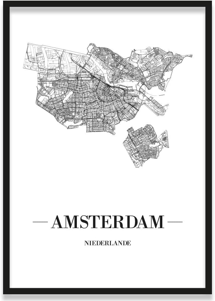 JUNIWORDS Stadtposter, Amsterdam, Wähle eine Grösse, 21 x 30 cm, Poster mit Rahmen, Schrift A, Weiss