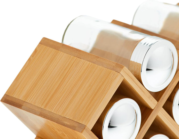 Relaxdays Gewürzregal Bambus, mit 18 Gewürzgläsern, stehend, HBT: 19 x 42 x 10,5 cm, Gewürzständer f