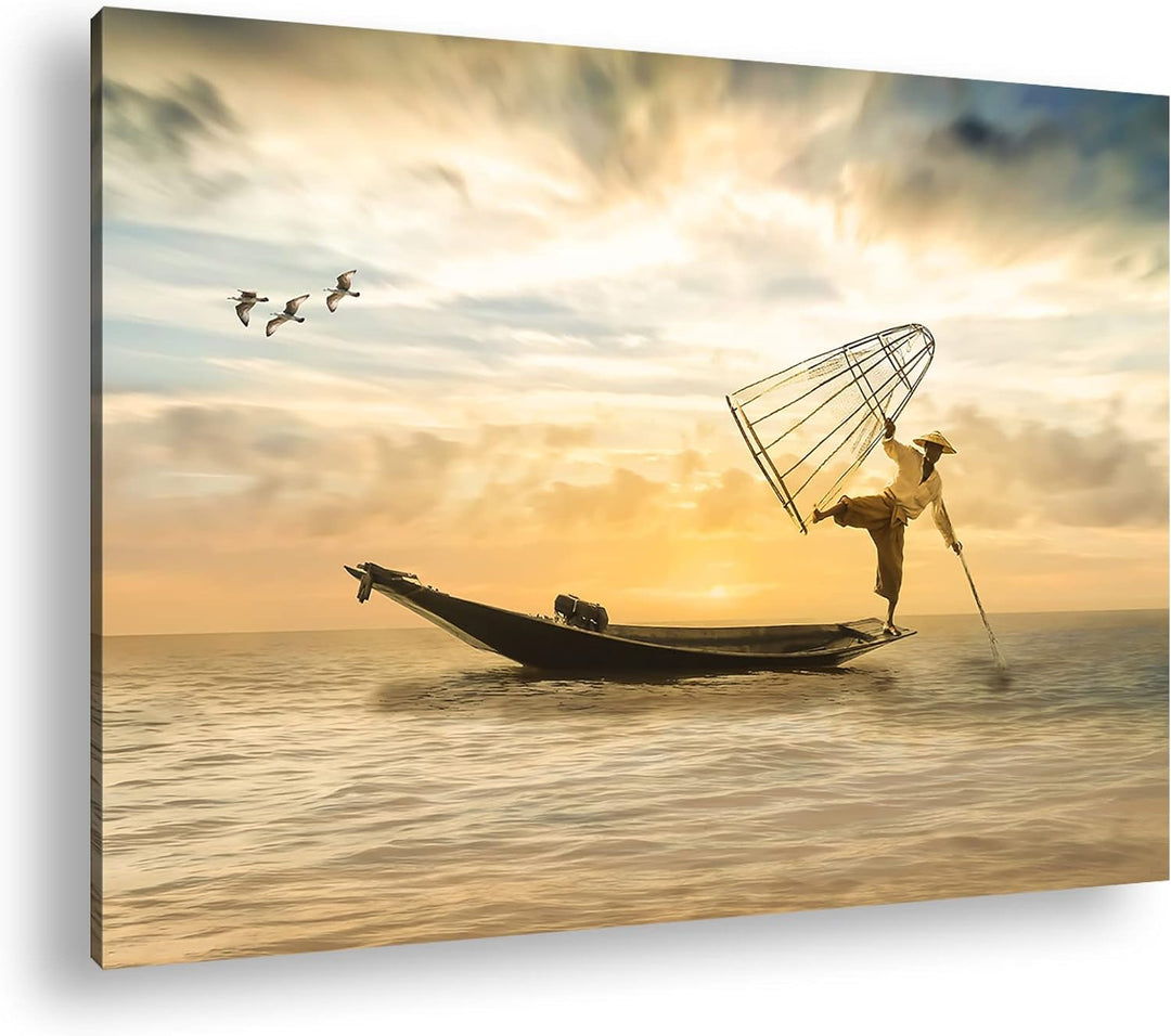 deyoli verspielter Fischer auf seinem Boot Format: 120x80 als Leinwandbild, Motiv fertig gerahmt auf
