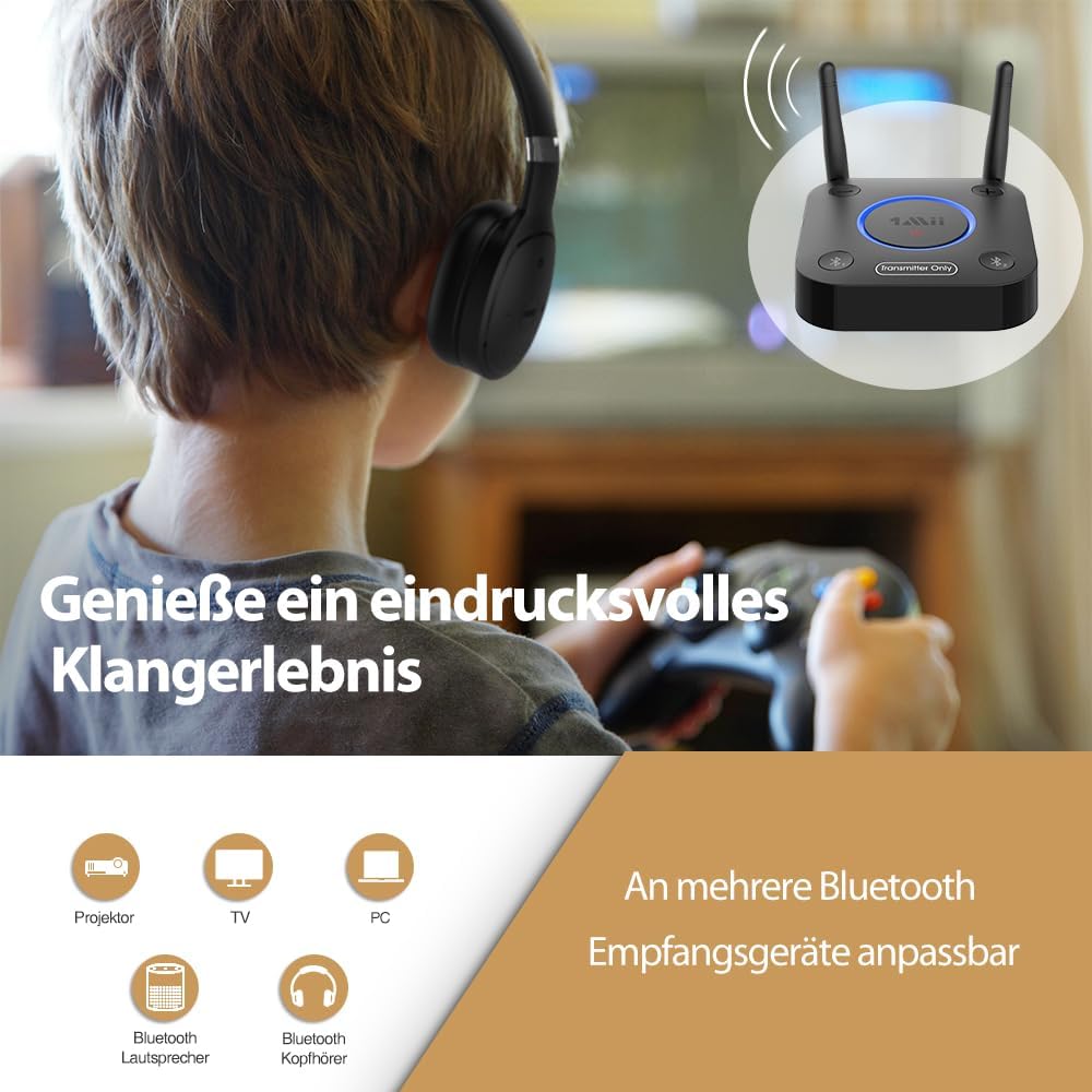 1Mii Bluetooth Transmitter TV, Grosse Reichweite Bluetooth Audio Sender mit Dual Antenna, aptX Low L