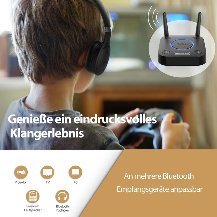 1Mii Bluetooth Transmitter TV, Grosse Reichweite Bluetooth Audio Sender mit Dual Antenna, aptX Low L