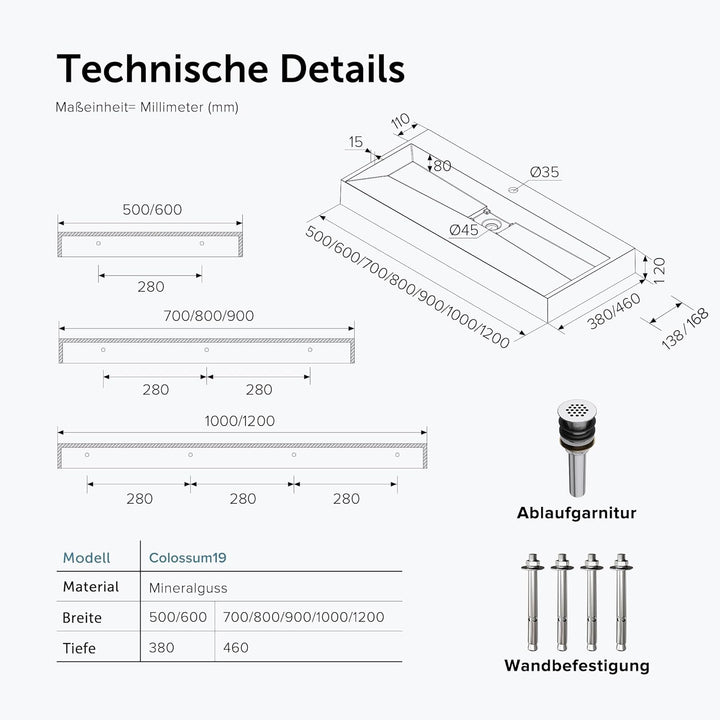 doporro Mineralguss-Waschbecken Hängewaschbecken Aufsatzwaschbecken mit Nano-Beschichtung inkl. Abla