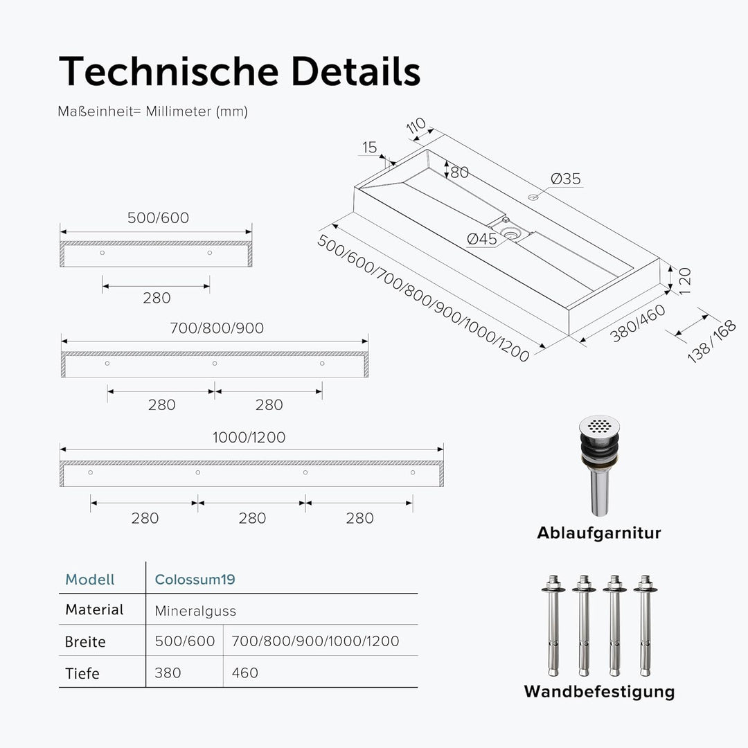 doporro Mineralguss-Waschbecken Hängewaschbecken Aufsatzwaschbecken mit Nano-Beschichtung inkl. Abla