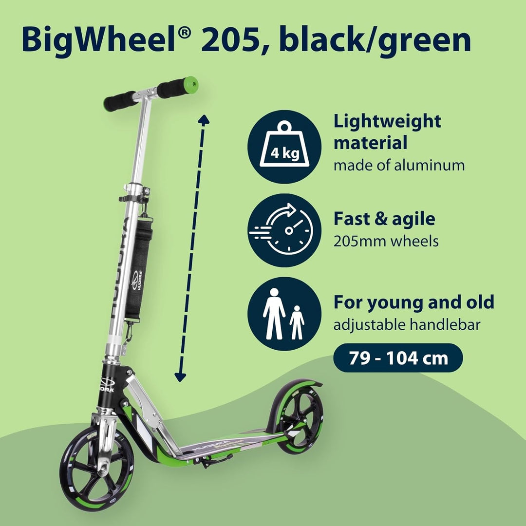 HUDORA BigWheel 205 Scooter - Stabiler Aluminium-Roller - Höhenjustierbarer & zusammenklappbarer Cit