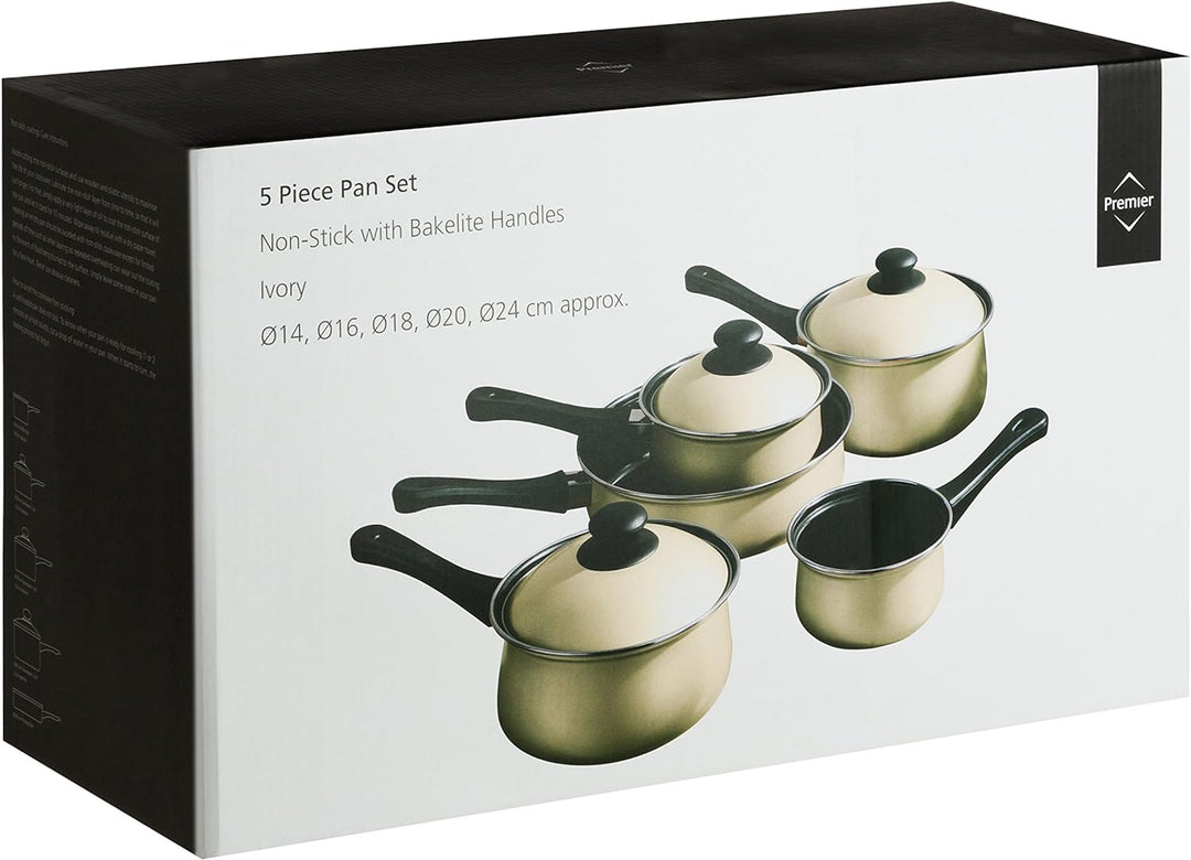 5pc Cream Bauch Pfanne Set, Antihaft-Kohlenstoffstahl, Bakelit Griffe Naturweiss, Naturweiss