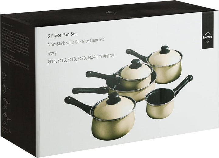 5pc Cream Bauch Pfanne Set, Antihaft-Kohlenstoffstahl, Bakelit Griffe Naturweiss, Naturweiss