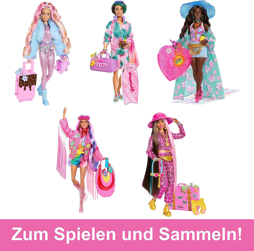 Barbie Extra Fly - Safari-Reise-Puppe mit pinkem Outfit und Zubehör, beweglicher Körper, 15 Accessoi