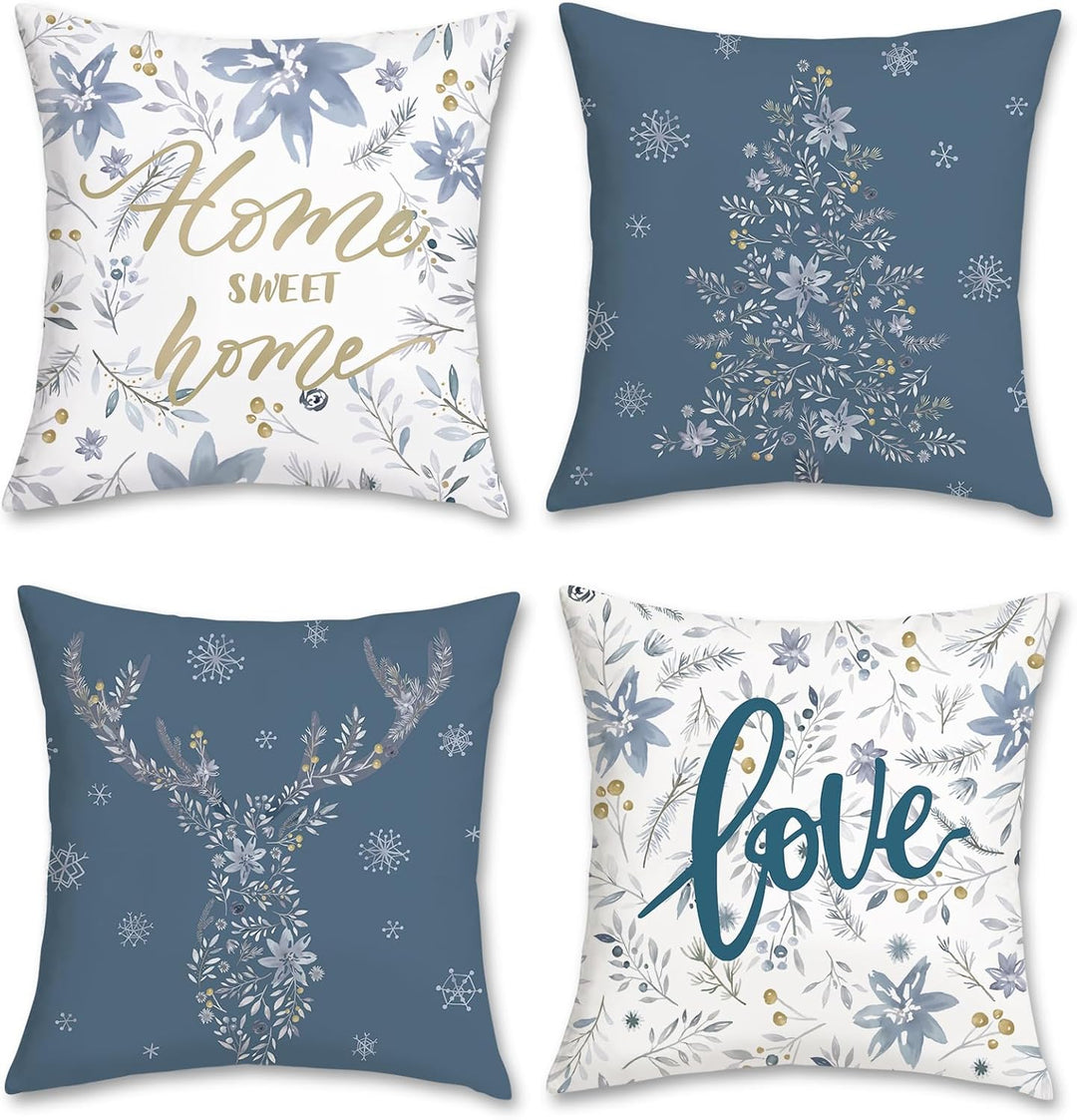 Bonhause 4er Set Kissenbezüge Winter 45 x 45 cm Samt Soft Blumen Blätter Graue Dekorative Kissenhüll
