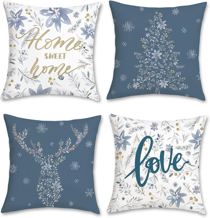 Bonhause 4er Set Kissenbezüge Winter 45 x 45 cm Samt Soft Blumen Blätter Graue Dekorative Kissenhüll