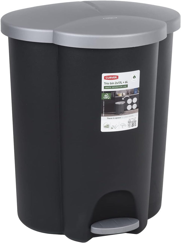 Curver Trio V2 Abfalleimer 40L Treteimer Müllsortierung 3 Fächer Mülltrennsystem Abfalltrennsystem 3