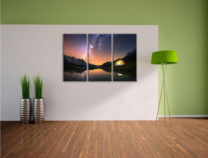 Pixxprint Zelten unter tausenden Sternen als Leinwandbild | Grösse: 3 Teilig (120x80) | Wandbild| Ku