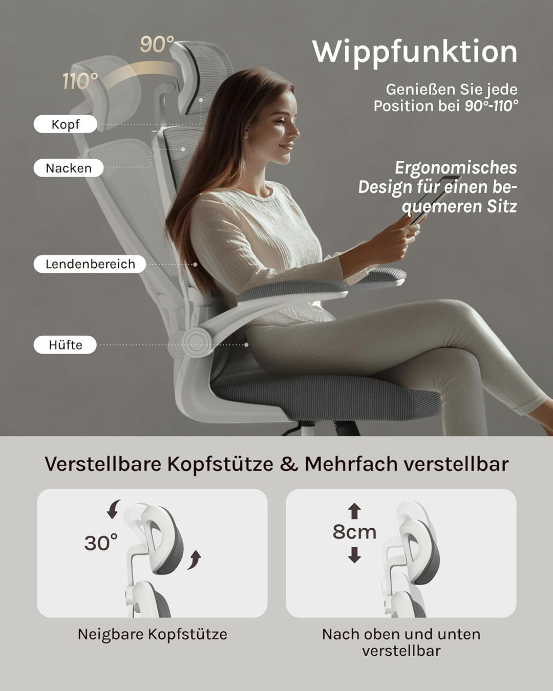 WOLTU Bürostuhl ergonomisch, Schreibtischstuhl Netzstoff, Drehstuhl höhenverstellbar, Schaukelfunkti