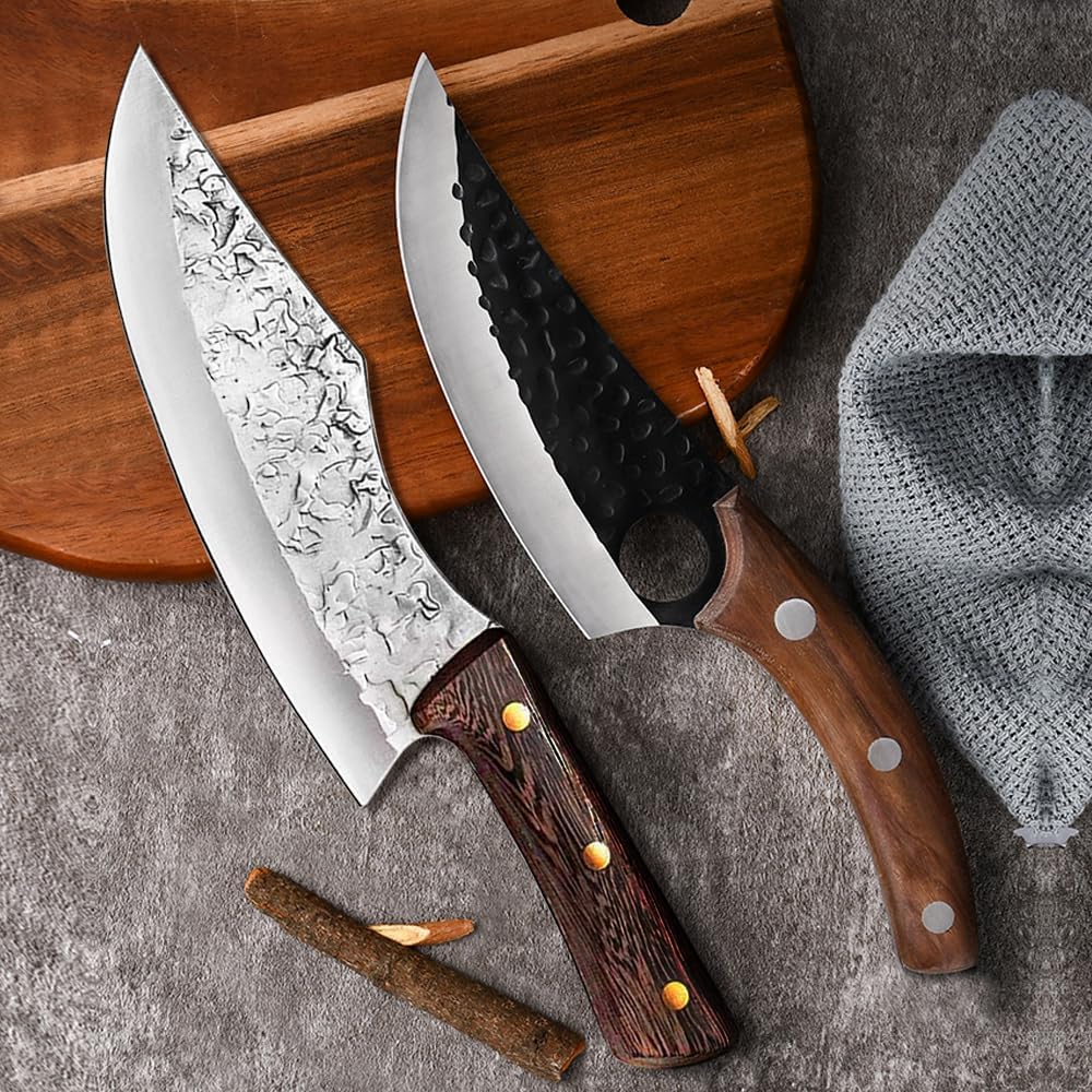 2 Stücke Kochmesser, Küchenmesser mit Lederscheide - Handgeschmiedet Chefmesser,Perfekt zum Schneide