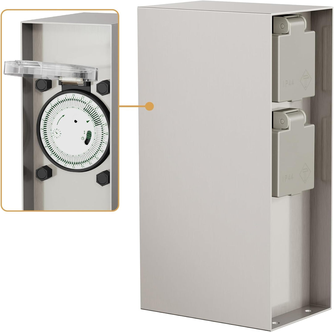 ledscom.de Garten Steckdosensäule POMI für aussen, IP44, Timer/Zeitschaltuhr, 2-Fach, Edelstahl, eck